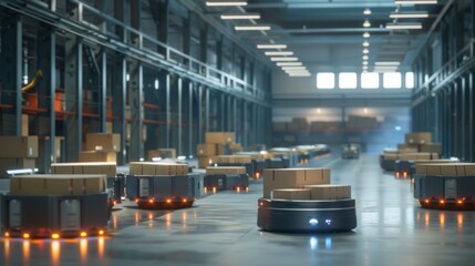 Aufkleber - Automated carts transport packages through a large warehouse. The carts are moving along a designated path, carrying boxes to different locations within the facility.