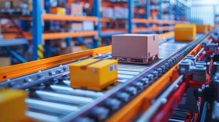 Aufkleber - Cardboard boxes move along a conveyor belt in a warehouse setting. The boxes are being transported to their next destination for further processing or shipping.