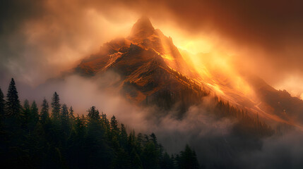 Wall Mural - A mountain with a sun shining on it