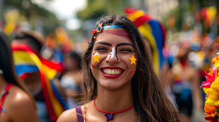 Wall Mural - Joyful Celebration on Venezuelan Independence Day. A smiling woman with face paint and vibrant decorations celebrates Venezuelan Independence Day amidst a festive crowd. Perfect for stock images of