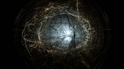 Poster - Abstract dark background with light fractal ornament of moody black hole of web and particles.