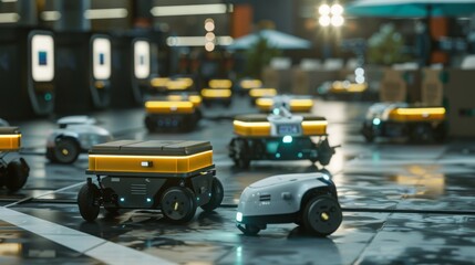 Aufkleber - Several autonomous delivery robots navigate a city environment, transporting goods on their cargo platforms. The robots are moving slowly, avoiding pedestrians and obstacles.