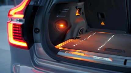 Poster - A close-up view of the open trunk of a modern car. The interior of the trunk is lit by multiple orange LED lights, illuminating the cargo space.