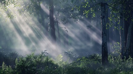 Poster - Early morning forest with dense fog, sunlight filtering through, creating a mystical atmosphere