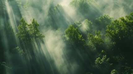 Poster - Early morning forest with dense fog, sunlight filtering through, creating a mystical atmosphere