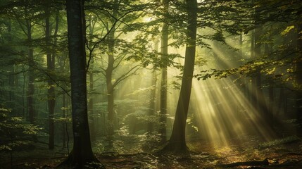 Poster - Early morning forest with dense fog, sunlight filtering through, creating a mystical atmosphere