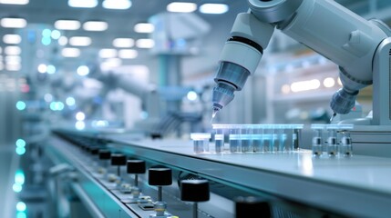 Aufkleber - A robotic arm fills test tubes with liquid on a production line inside a clean, modern factory. The arm is moving precisely, ensuring accurate dispensing of the liquid.