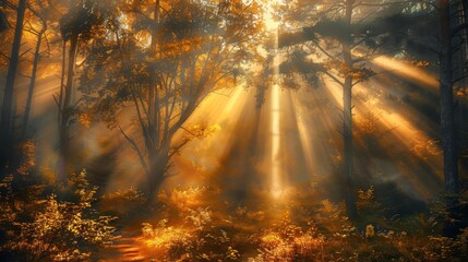 Poster - Enchanted woods with golden rays of sun creating ethereal effect