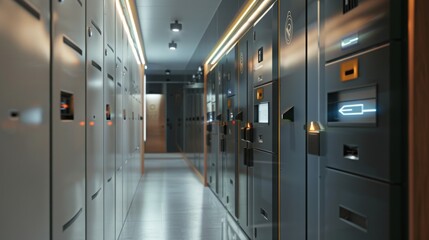 Poster - A long hallway lined with rows of electrical panels featuring digital displays.