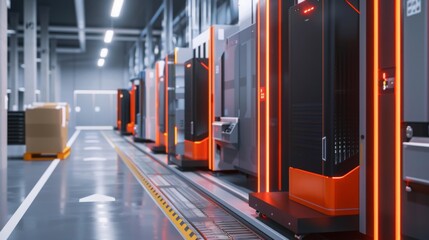 Aufkleber - An automated warehouse conveyor system with multiple machines and a pallet in the background.