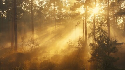 Poster - Forest shrouded in morning mist, sunrise casting a golden glow, atmospheric and quiet