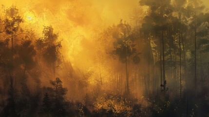 Poster - Forest shrouded in morning mist, sunrise casting a golden glow, atmospheric and quiet