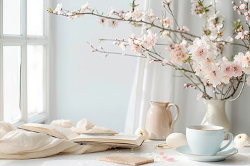 White table with a blue coffee cup, vase of pink flowers, and book