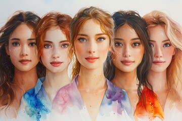 Poster - portraits of five confident women in different careers. water color style 