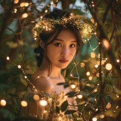 Sticker - Asian girl as a fairy queen in a magical glade surrounded by fairy lights.