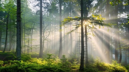 Poster - Misty forest at dawn, sunbeams illuminating the fog, tranquil and serene