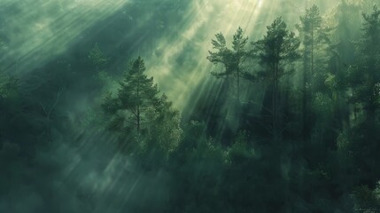 Poster - Misty forest at dawn, sunbeams illuminating the fog, tranquil and serene