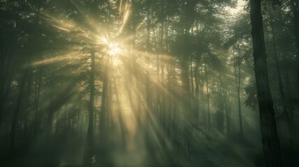 Poster - Misty forest at sunrise with sunbeams filtering through the trees, serene atmosphere, soft light