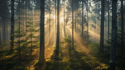 Poster - Misty forest at sunrise with sunbeams filtering through the trees, serene atmosphere, soft light