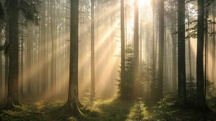 Poster - Misty forest at sunrise with sunbeams filtering through the trees, serene atmosphere, soft light