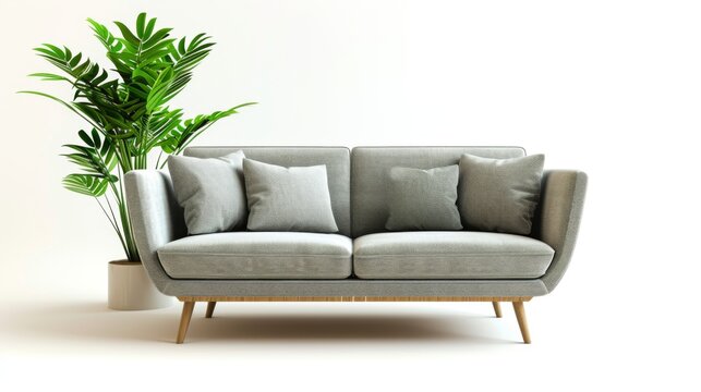 3D rendering of an interior decoration set featuring a sofa and a plant