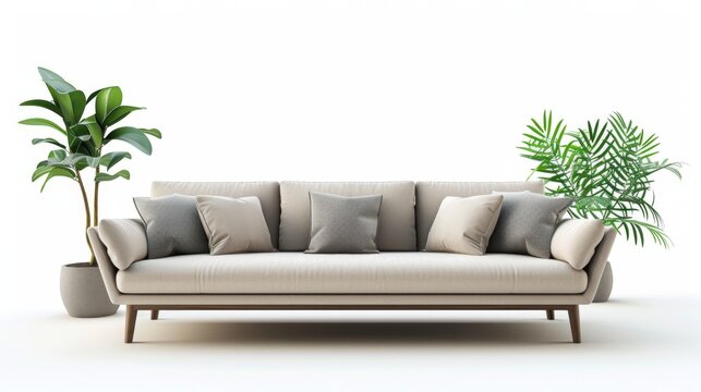 3D rendering of an interior decoration set featuring a sofa and a plant
