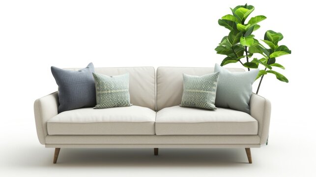 3D rendering of an interior decoration set featuring a sofa and a plant