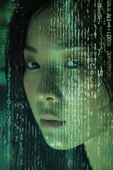 Wall Mural - Asian girl with a background of binary code, representing the digital age.