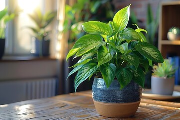 Poster - Green Peace Lily Plant in Blue Pot on Wooden Table Near Window