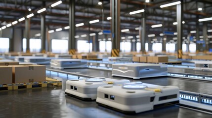 Aufkleber - Modern warehouse with conveyor system and automated robots efficiently moving boxes, showcasing automated logistics processes.