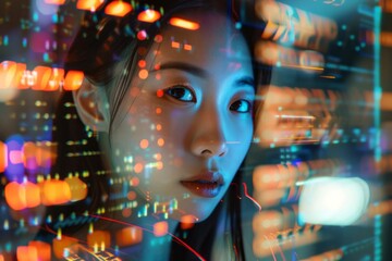 Wall Mural - Asian girl with a holographic screen, representing futuristic technology.