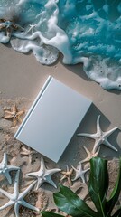 Mockup of a blank cover white book with a beach summer vacation background