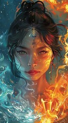 Sticker - Asian girl with fire and water elements