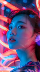 Poster - Asian girl with neon light trails around her, symbolizing modernity and energy.