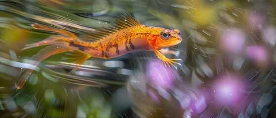 Wall Mural - A small fish with orange fins and a black  on its side swims in a shallow body of water. AI.