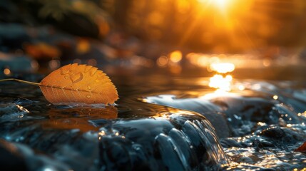 Poster - A beautiful autumn leaf floating on a river. AI.