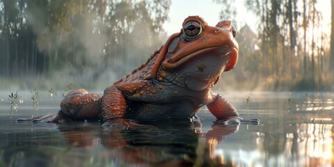 Canvas Print - A large brown toad sits on the edge of a pond, looking out at the world. AI.