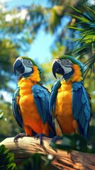 Canvas Print - Two parrots sitting on a branch in a tropical rainforest. AI.