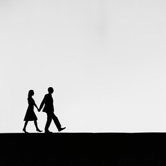 Poster - Black and white photograph of a couple's silhouettes walking hand