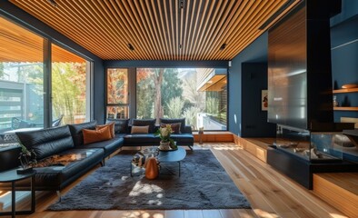 Wall Mural - Modern living room interior with large windows, wooden ceiling, and stylish furniture. AI.