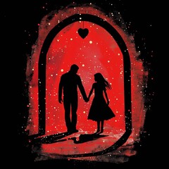 Wall Mural - Couple's silhouette holding hands under a heart-shaped archway