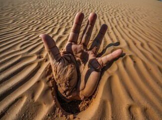 Poster - A hand reaching out of the sand. AI.