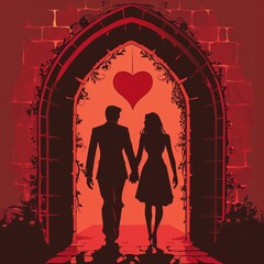 Wall Mural - Couple's silhouette holding hands under a heart-shaped archway