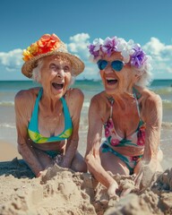 extremely and dramatically happy old ladies in colorful swimsuits with flowers building sand castles on the beach by the ocean. The old ladies laugh loudly. Summer, sunny day