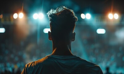 Poster - A man standing alone in a stadium, looking out at the empty seats. AI.