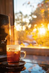 Poster - Clear glass cup with hot tea on saucer next to coffee machine with steam rising AI.