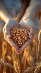 Wall Mural - showing a pair of female hands holding a full heart shape made up of many grains of wheat. Very beautiful. The background is a golden and full wheat field, symbolizing the harvest season. 