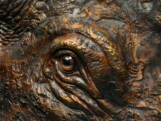 Sticker - A close-up of a bronze sculpture of an elephant's eye. AI.