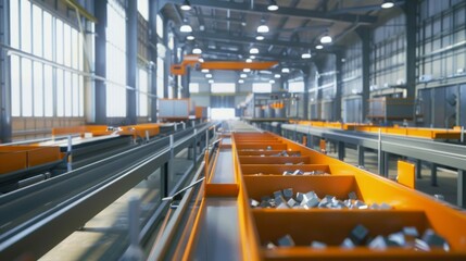 Aufkleber - A close-up view of an industrial conveyor system in a factory setting. The conveyor belts are lined with orange bins filled with small, metallic parts.