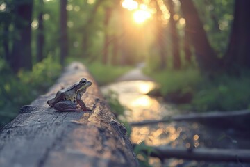 Sticker - A frog sits on a log in a forest. AI.